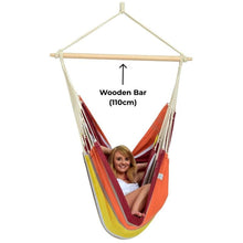 Load image into Gallery viewer, Colourful hammock chair with wooden bar labelled on a white background