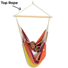 Load image into Gallery viewer, Colourful hammock chair with a woman sitting in it, labelled 'Top Rope'.