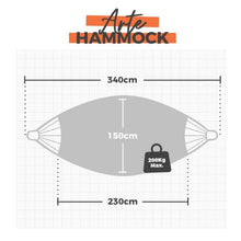 Load image into Gallery viewer, Hammock with dimensions and weight capacity on a white background, featuring the 'Arte Hammock' brand.