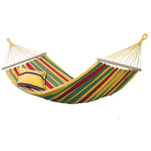 Load image into Gallery viewer, A striped Aruba Vanilla Hammock with red, yellow, and green colours, displayed without a stand.