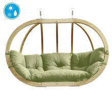 Load image into Gallery viewer, A green cushioned Globo Royal Oliva Double Seater Hanging Egg Chair with a wooden frame, designed for outdoor or indoor use.