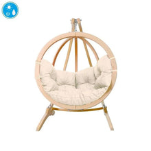 Load image into Gallery viewer, A Globo Single Hanging Egg Chair with a beige wooden frame and cushions.
