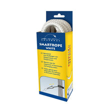 Load image into Gallery viewer, Packaging of 'Smart Rope Fixing - White' showing the product which is a coiled white rope with a carabiner, presented in a blue and yellow box.