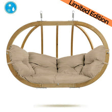 Load image into Gallery viewer, Amazonas spruce wood oval shaped Globo hanging chair, metal fixing points, with sand coloured seat pillows