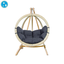 Load image into Gallery viewer, A Globo Single Hanging Egg Chair with a beige wooden frame and dark grey cushions.