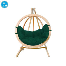 Load image into Gallery viewer, A Globo Single Hanging Egg Chair with a beige wooden frame and cushions.