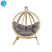 Load image into Gallery viewer, A Globo Single Hanging Egg Chair with a beige wooden frame and dark grey cushions.