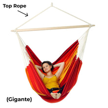 Load image into Gallery viewer, Person relaxing in a red and orange hammock with labels 'Top Rope' and 'Gigante' on a white background.
