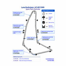 Load image into Gallery viewer, Spare parts overview diagram for a Luna Rockstone bicycle frame, showing the frame assembly with labeled replacement parts and included fasteners on a white background.
