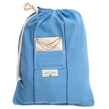 Load image into Gallery viewer, Blue drawstring bag with a pocket and visible brand label on a white background
