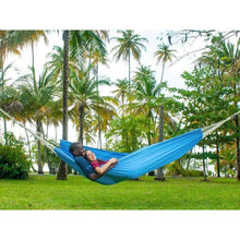 Load image into Gallery viewer, Two people in a blue hammock surrounded by palm trees
