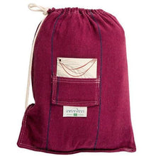 Load image into Gallery viewer, Red drawstring bag with a pocket and visible brand label on a white background

