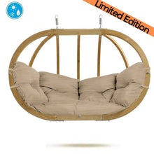 Load image into Gallery viewer, Amazonas spruce wood oval shaped Globo hanging chair, metal fixing points, with sand coloured seat pillows
