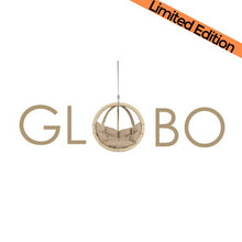 Load image into Gallery viewer, Spruce wood oval shaped hanging chair, metal fixing points, with sand coloured seat pillows
