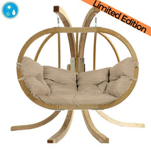 Load image into Gallery viewer, Spruce wood oval shaped hanging chair, metal fixing points, with sand coloured seat pillows
